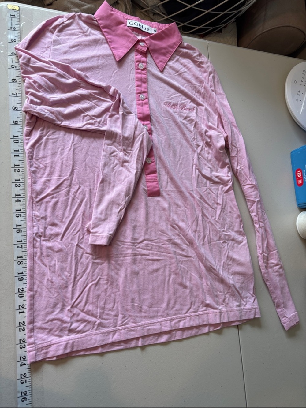 VTG GG Blue Womens Pebble Beach Pink Long Sleeve Top Medium Preppy Golf Bodycon - Picture 8 of 8